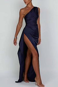 Damen Einschultriges Maxikleid mit Seitenschlitz und Raffung an der Taille – Blau