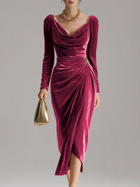 Luisa | Damen Elegante Formal Dresses Samtkleid Midi Cowlneck Langarm – Rosa