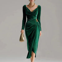 Luisa | Damen Elegante Formal Dresses Samtkleid Midi Cowlneck Langarm – Grün