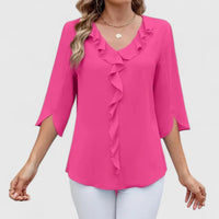 Marlene | Damen Elegante Rüschen-Bluse V-Ausschnitt Halbarm – Rosa