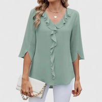 Marlene | Damen Elegante Rüschen-Bluse V-Ausschnitt Halbarm – Grün