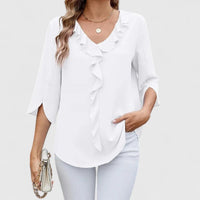 Marlene | Damen Elegante Rüschen-Bluse V-Ausschnitt Halbarm – Weiß