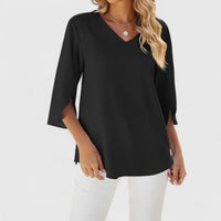 Marlene | Damen Elegante Rüschen-Bluse V-Ausschnitt Halbarm – Classic Black