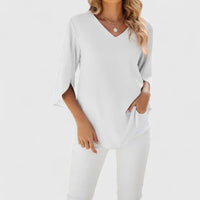 Marlene | Damen Elegante Rüschen-Bluse V-Ausschnitt Halbarm – Classic White