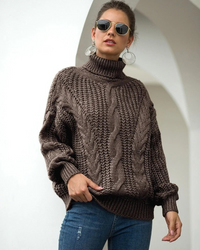 Damen eleganter grober Zopfstrickpullover | Warmer – Hölzern