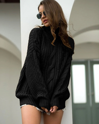 Damen eleganter grober Zopfstrickpullover | Warmer – Schwarz
