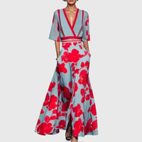 Elisabeth | Damen Elegantes Blumen-Maxi-Wickelkleid mit 3/4-Ärmeln V-Ausschnitt – Blau Rot