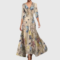 Elisabeth | Damen Elegantes Blumen-Maxi-Wickelkleid mit 3/4-Ärmeln V-Ausschnitt – Champagner