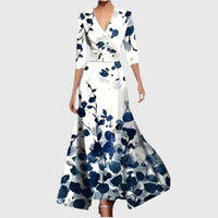 Elisabeth | Damen Elegantes Blumen-Maxi-Wickelkleid mit 3/4-Ärmeln V-Ausschnitt – Blau