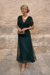 Clara | Damen Elegantes Cocktailkleid Maxi V-Ausschnitt Chiffon Festkleid – Flaschengrün