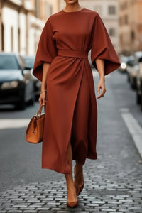 Hannah | Damen Elegantes Cocktailkleid mit Laternenärmeln Taillengürtel Midi – Rust Brown
