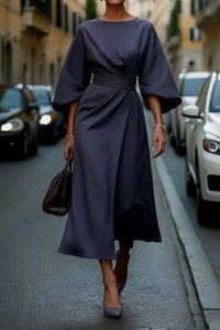 Hannah | Damen Elegantes Cocktailkleid mit Laternenärmeln Taillengürtel Midi – Marine
