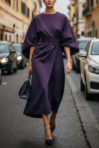 Hannah | Damen Elegantes Cocktailkleid mit Laternenärmeln Taillengürtel Midi – Violett