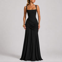 Johanna | Damen Elegantes Gerafftes Maxi Hochzeitskleid Abendkleid Quadratausschnitt – Schwarz