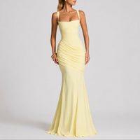 Johanna | Damen Elegantes Gerafftes Maxi Hochzeitskleid Abendkleid Quadratausschnitt – Gelb