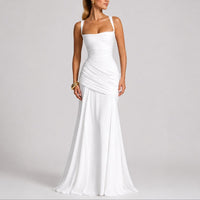 Johanna | Damen Elegantes Gerafftes Maxi Hochzeitskleid Abendkleid Quadratausschnitt – Weiß