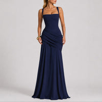Johanna | Damen Elegantes Gerafftes Maxi Hochzeitskleid Abendkleid Quadratausschnitt – Marine