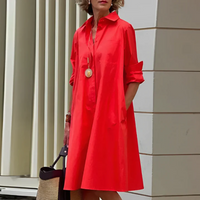 Damen elegantes Hemdkleid mit langen Ärmeln | Midi – Rot