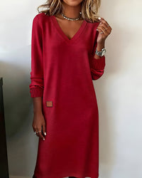 Mia | Damen Elegantes Langarm Midi-Kleid V-Ausschnitt Festliche Kleider – Rot