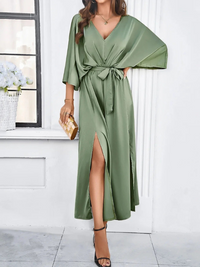 Damen elegantes Sommerkleid mit V-Ausschnitt | Midi – Grün