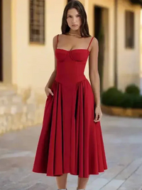 Damen elegantes Taillenformendes Sommerkleid | Midi – Rot