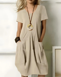 Damen Festliches Sommerkleid mit Taschen | Midi Kleid – Beige