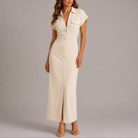 Sophie | Damen Figurbetontes Maxi-Hemdblusenkleid für Herbst-Hochzeitsgäste – Beige