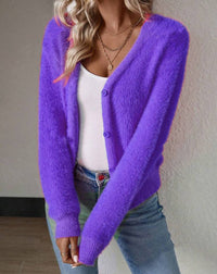 Marie | Damen Flauschiger V-Ausschnitt Strickjacke Cardigan mit Knopfleiste – Flieder
