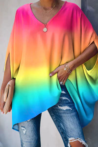 Clara | Damen Fledermausärmel Oversize Tunika mit V-Ausschnitt – Regenbogen