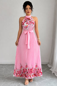 Emilia | Damen Geblümtes Plissee-Neckholder Midi-Kleid – Rosa