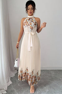 Emilia | Damen Geblümtes Plissee-Neckholder Midi-Kleid – Aprikose