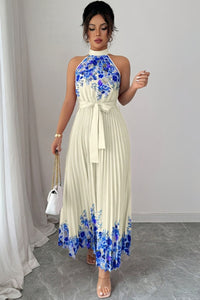 Emilia | Damen Geblümtes Plissee-Neckholder Midi-Kleid – Blaues Blumenmuster
