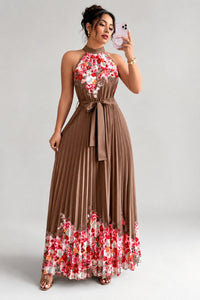 Emilia | Damen Geblümtes Plissee-Neckholder Midi-Kleid – Kaffeebraun