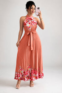 Emilia | Damen Geblümtes Plissee-Neckholder Midi-Kleid – Wassermelonenrot