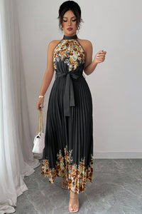Emilia | Damen Geblümtes Plissee-Neckholder Midi-Kleid – Schwarz-Bottom-Kaffeeblüte