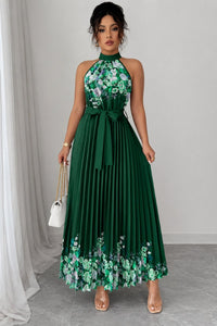 Emilia | Damen Geblümtes Plissee-Neckholder Midi-Kleid – Dunkelgrün