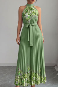 Emilia | Damen Geblümtes Plissee-Neckholder Midi-Kleid – Armeegrünes Unterteil mit gelber Blume