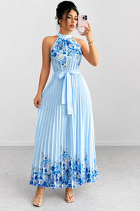 Emilia | Damen Geblümtes Plissee-Neckholder Midi-Kleid – Blau