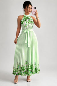 Emilia | Damen Geblümtes Plissee-Neckholder Midi-Kleid – Grün