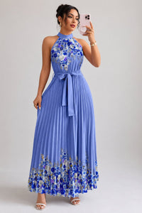 Emilia | Damen Geblümtes Plissee-Neckholder Midi-Kleid – Dunkelblau