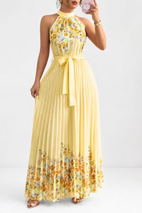 Emilia | Damen Geblümtes Plissee-Neckholder Midi-Kleid – Gelb