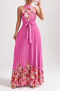 Emilia | Damen Geblümtes Plissee-Neckholder Midi-Kleid – Rosenrot