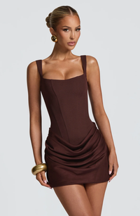 Damen Gerafftes Minikleid mit Karree-Ausschnitt und breiten Trägern – Braun