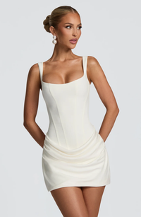 Damen Gerafftes Minikleid mit Karree-Ausschnitt und breiten Trägern – Weiß