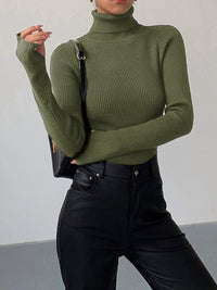 Marie | Damen Gerippter Rollkragen Strick Sweater – Grün