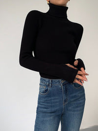 Marie | Damen Gerippter Rollkragen Strick Sweater – Schwarz