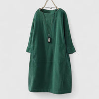 Damen Geripptes Rundhals-Midikleid mit Dreiviertelärmeln und Fronttaschen – Grün