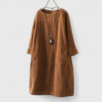Damen Geripptes Rundhals-Midikleid mit Dreiviertelärmeln und Fronttaschen – Khaki