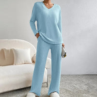 Damen Geripptes Strick Set mit V-Ausschnitt Langen Ärmeln und Weiter Hose – Blau