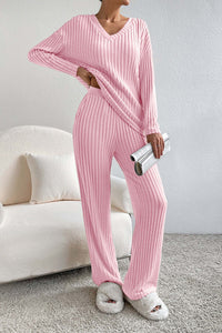 Damen Geripptes Strick Set mit V-Ausschnitt Langen Ärmeln und Weiter Hose – Rosa